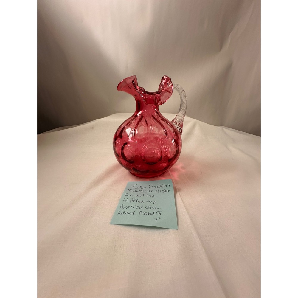Fenton Cranberry Glass Pitcher Ruffled Rim Applied‎ Reeded Handle Optic Rib Red - Picture 11 of 13